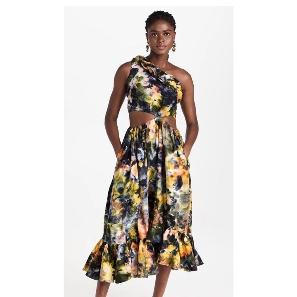 Sika Cleo yellow blossom one shoulder tie dye cut out ruffle midi dress Size 12